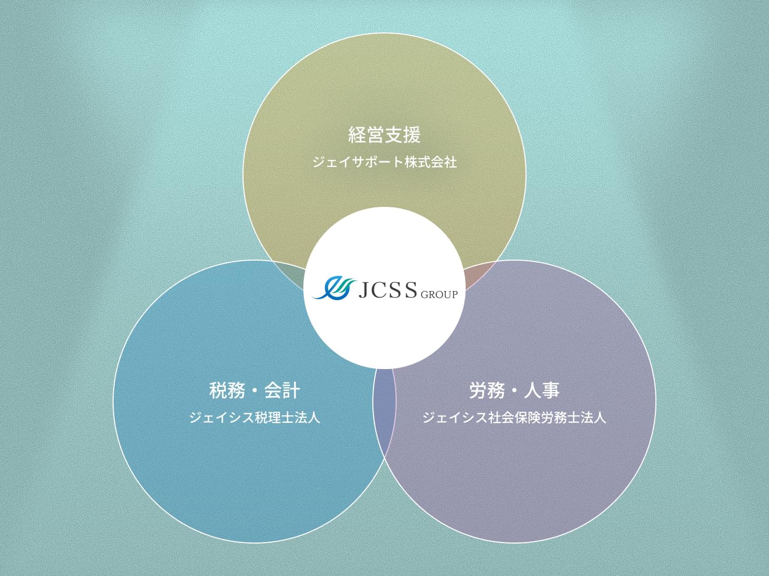 ジェイシスグループ 3領域（経営支援 / 税務・会計 / 労務・人事）の関係図